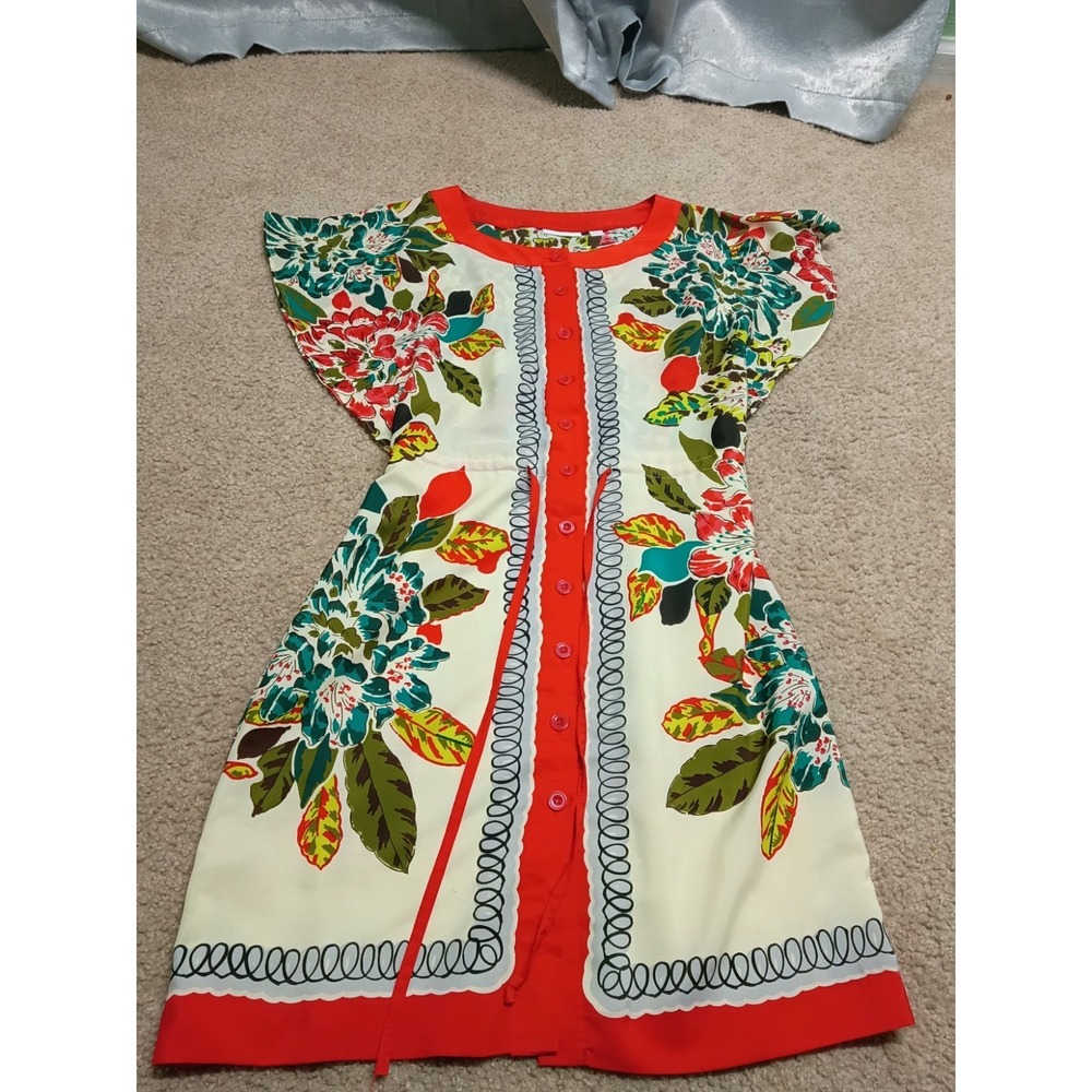 New York & Company Floral Dress XS Bright Tropical Print Button Front Flutter